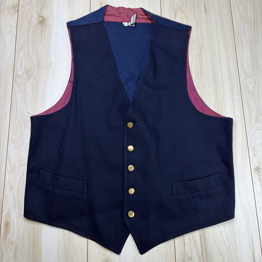 Vtg 90s Saks Fifth Avenue Navy Blue Wool Gold Button Waist Coat Vest Mens XL